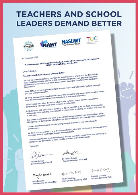 Joint letter from NAHT, NASUWT, NEU & TUC saying action needs to be taken.